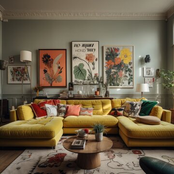 Maximalist and eclectic interior of a large living room with a corner sofa and paintings on the walls. Light yellow and lavender tones.