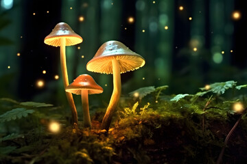 Mushroom glows in the forest  Made with Generative AI