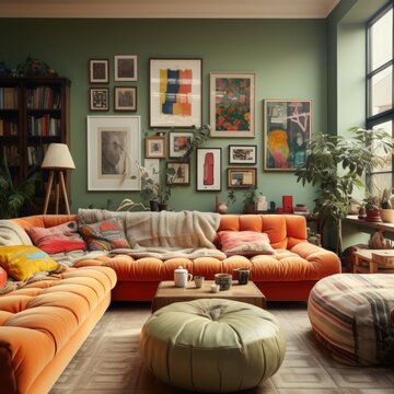 Maximalist and eclectic interior of a large living room with a corner sofa and paintings on the walls. Light yellow and lavender tones.