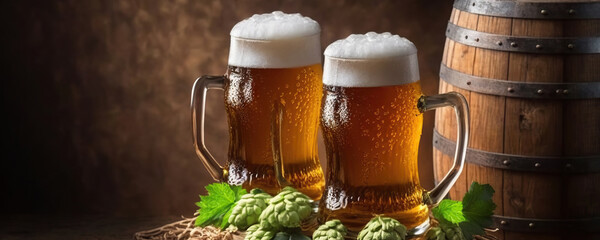 Two mugs of lager beer with hops on wooden background. Copy space