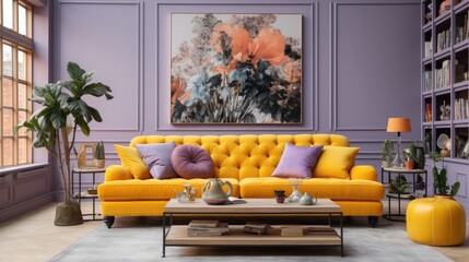 Maximalist and eclectic interior of a large living room with a corner sofa and paintings on the walls. Light yellow and lavender tones.