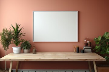 A white wall frame mockup positioned on a pink wall, placed above a wooden table. Photorealistic illustration, Generative AI