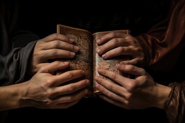 Faith, Religion, Holy bible, Hands, Indoctrination, Catechism, Praying, Faithful. WE BELIEVE! Image of 4 young hands of people exercising their own faith. Hands resting on a sacred text. - obrazy, fototapety, plakaty