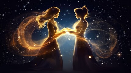 Magical friendship, Fairyale silhouette, Space, Women, girls, Starry, Golden, Fantasy. UNBREAKABLE RELATIONSHIP. 2 Women with gentle features in the colors of gold holding hands seem to join in oath