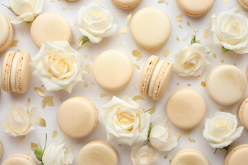delicious wedding or bridal shower macarons pattern flat lay in ivory colors
