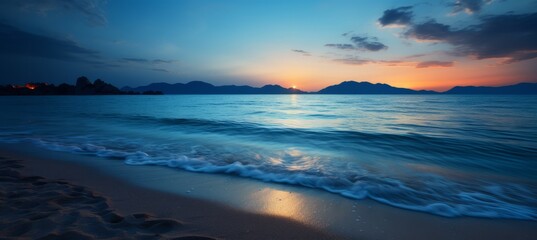 Dawn island beach coast background. Generative AI technology.