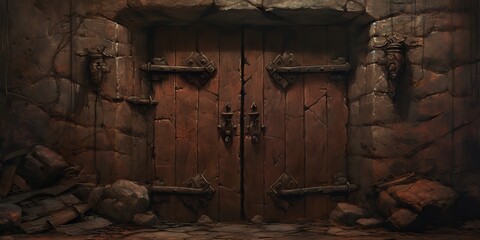 AI Generated. AI Generative. Fantasy cartoon dungeon door entrance exit wooden and metal. Can be used like game concept - obrazy, fototapety, plakaty