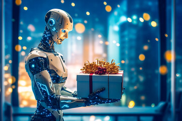 Robot tenant une boite cadeau - Générative IA