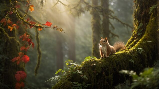 A cute squirrel perched on a lush moss-covered log in a serene forest setting - Powered by Adobe