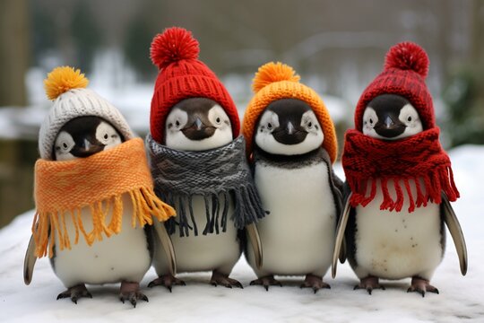 A group of adorable happy penguins dressed in knitted scarves and hats, funny winter illustration, Generative AI