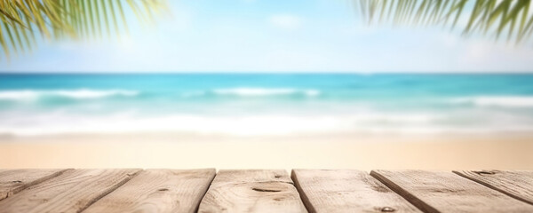 Wooden planks on background of white sand ocean beach and sunny sky. Copy space