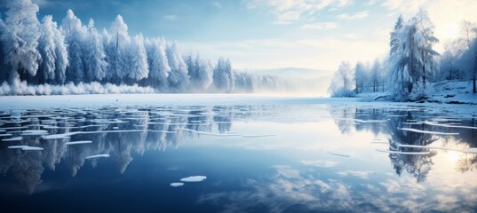 Morning sunrise winter lake and forest landscape background. Generative AI technology.