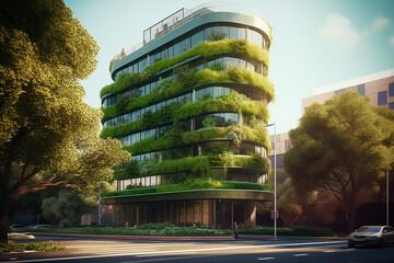 Green architecture real estate. Eco-friendly future housing and business concept art. Generative AI.