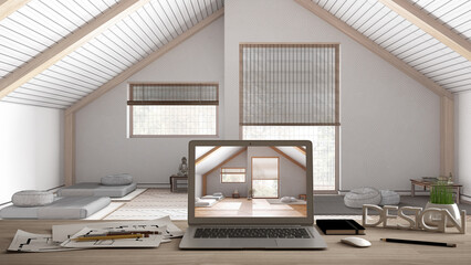 Architect designer desktop concept, laptop on wooden work desk with screen showing interior design project, blueprint draft background, minimal meditation room