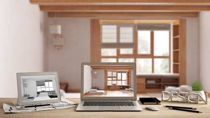 Architect designer desktop concept, laptop and tablet on wooden desk with screen showing interior design project and CAD sketch, blurred draft in the background, meditation room