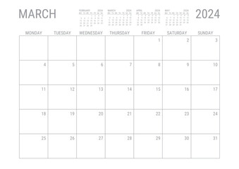 March Calendar 2024 Monthly Planner Printable A4 Monday Start