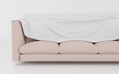 Fototapeta na wymiar 3 seat sofa. Rough white fabric cover with 2 pillows stainless steel curve leg. Realistic 3d rendering home furniture white scene studio.