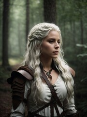 Naklejka premium A mysterious woman with flowing white hair in a serene forest setting