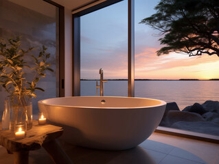 Fotografía de un moderno baño refugio, con una bañera independiente junto a una ventana, mostrando una serena vista de la playa al atardecer. - obrazy, fototapety, plakaty