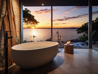 Fotografía de un moderno baño refugio, con una bañera independiente junto a una ventana, mostrando una serena vista de la playa al atardecer. - obrazy, fototapety, plakaty