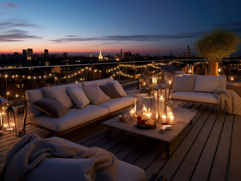 Fotograf&iacute;a de una elegante terraza en azotea, muebles suaves de sal&oacute;n frente a un fondo de luces de ciudad centelleantes y estrellas.
