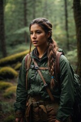 A woman hiking in the forest with a backpack and long flowing hair