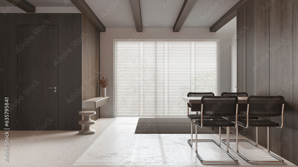 Wall mural dark wooden minimal kitchen, dining and living room in white and beige tones with resin floor. beams