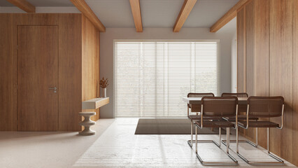 Wooden minimal kitchen, dining and living room in white and beige tones with resin floor. Beams ceiling, table, sofa and panoramic window. Japandi interior design