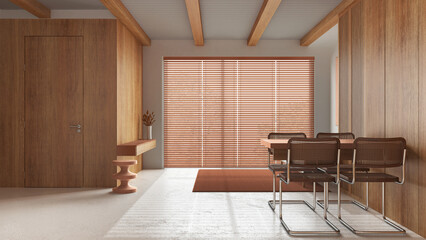 Wooden minimal kitchen, dining and living room in white and orange tones with resin floor. Beams ceiling, table, sofa and panoramic window. Japandi interior design