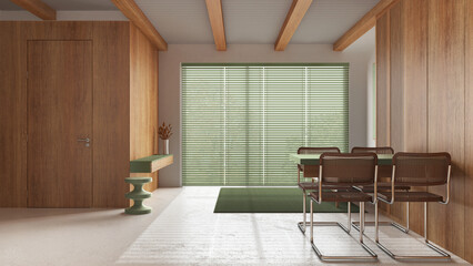 Wooden minimal kitchen, dining and living room in white and green tones with resin floor. Beams ceiling, table, sofa and panoramic window. Japandi interior design