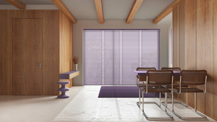 Wooden minimal kitchen, dining and living room in white and purple tones with resin floor. Beams ceiling, table, sofa and panoramic window. Japandi interior design