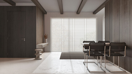 Dark wooden minimal kitchen, dining and living room in white and beige tones with resin floor. Beams ceiling, table, sofa and panoramic window. Japandi interior design