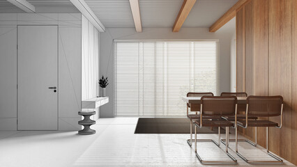Architect interior designer concept: hand-drawn draft unfinished project that becomes real, minimal dining and living room with resin floor. Japandi style