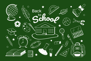 Vector Set Back to school doodle white line on green blackboard background. Modern teaching learning