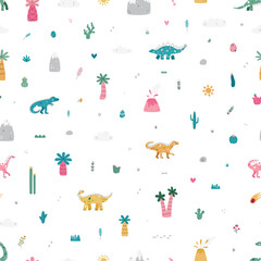 Vector seamless pattern with dinosaur volcano palm cactus rock and mountains