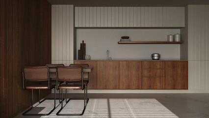 Dark late evening scene, minimal wooden kitchen and dining room. Resin floor, front view. Cabinets, appliances and table with chairs. Japandi interior design