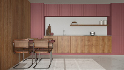Minimal wooden kitchen and dining room in white and red tones. Resin floor, front view. Cabinets, appliances and table with chairs. Japandi interior design