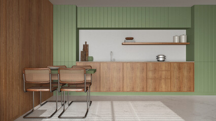 Minimal wooden kitchen and dining room in white and green tones. Resin floor, front view. Cabinets, appliances and table with chairs. Japandi interior design