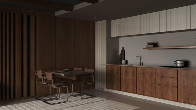 Dark late evening scene, minimal wooden kitchen and dining room. Resin floor and beams ceiling. Cabinets, appliances and table with chairs. Japandi interior design