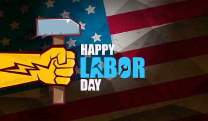 labor day Usa vector label or horizontal background. vector happy labor day poster or horizontal banner with clenched fist isolated on usa flag background . Labor union icon - obrazy, fototapety, plakaty