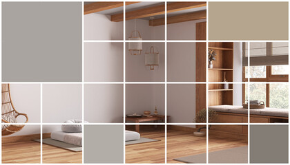 Fototapeta premium Modern wooden kitchen with wooden details and panoramic window,