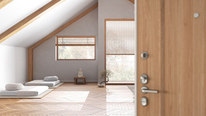 Fototapeta na wymiar Wooden entrance door opening on minimal zen meditation room with carpet, paper door and pillows, interior design concept idea