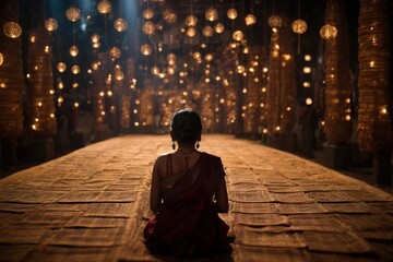 Fototapeta premium A woman wearing a red sari sitting gracefully on the floor