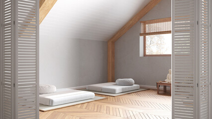White folding door opening on minimalist meditation room, resin floor, carpet, table and tatami mats paper doors, architect designer concept, blur background