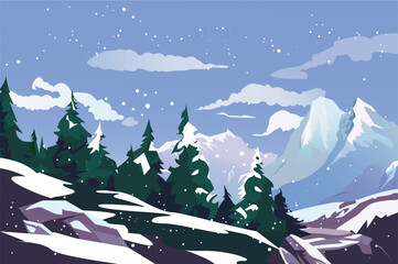 Background snowy mountains. Exquisite illustration reflecting the beauty of snow-covered fir trees against the background of huge mountains. Vector illustration.
