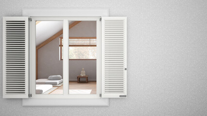 Exterior plaster wall with white window with shutters, showing interior meditation room, blank background with copy space, architecture design concept idea, mockup template