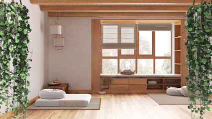 Jungle frame, biophilic concept idea interior design. Tropical leaves over minimal meditation room...