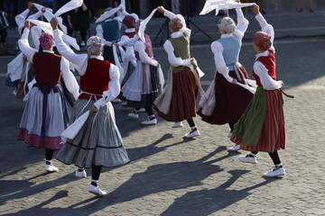 Basque folk dancers during a performance in a street festival