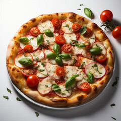 Delicious and appetizing pizza with fresh basil, red cherry tomatoes and lots of stringy mozzarella on a white background