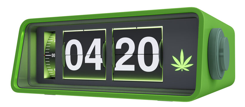 a 3D illustration of a retro flip clock displaying the time as 04:20, a significant number associated with cannabis culture. It's 420, a symbolic time to indulge in smoking weed and marijuana. 